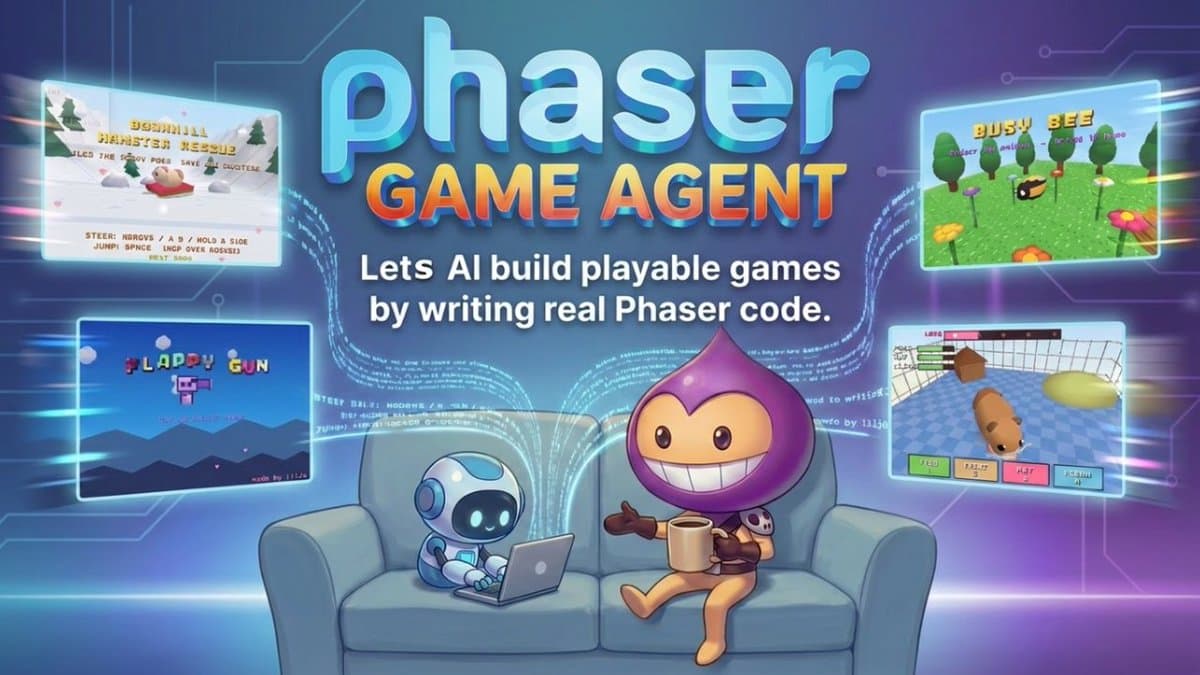Four games generated by the Phaser Game Agent from a one-sentence prompt: a pixel-art hamster sledding game, a top-down 3D bee pollination game, a side-scrolling flappy game, and a 3D pet-care game