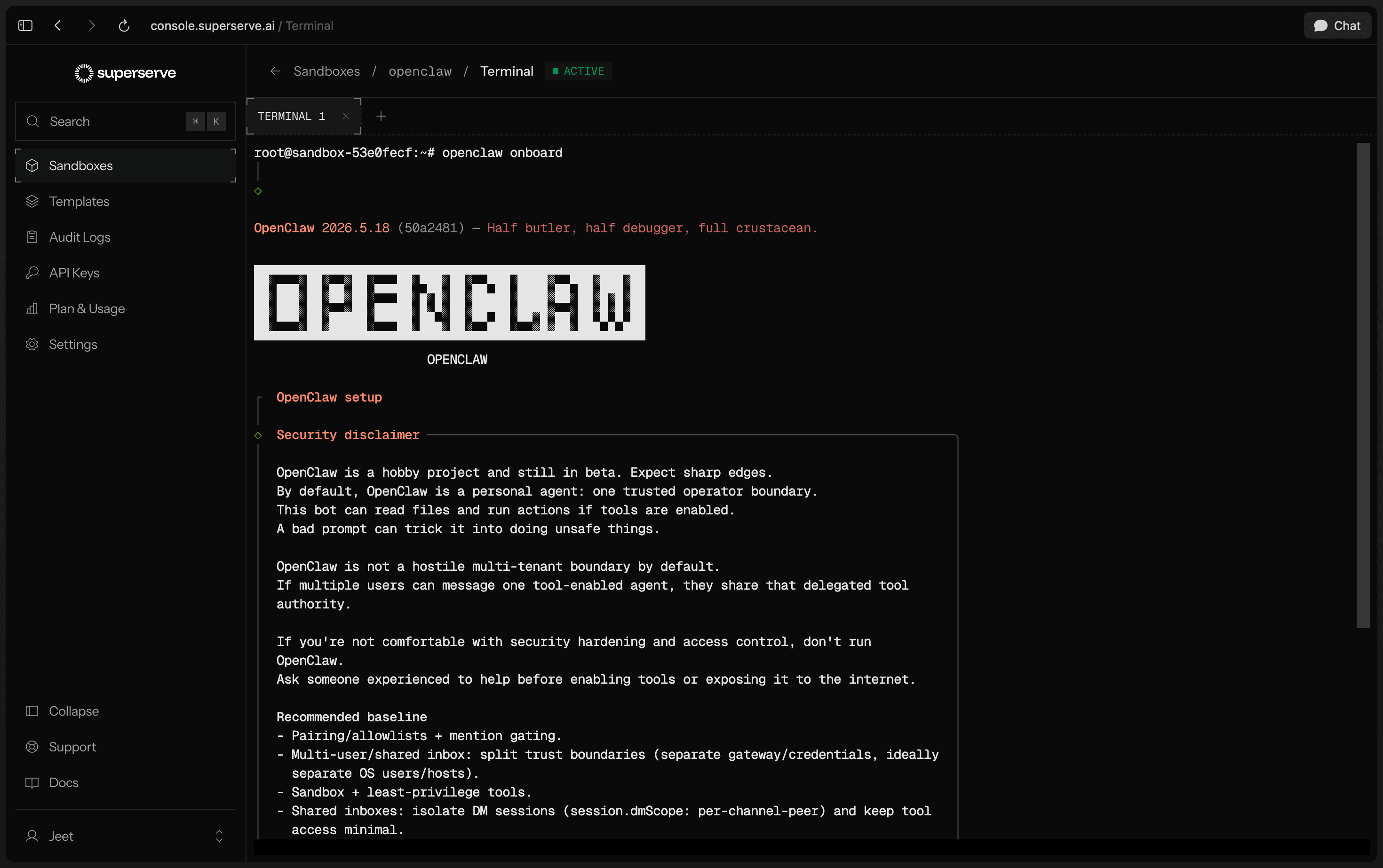 OpenClaw onboard output in the Superserve console